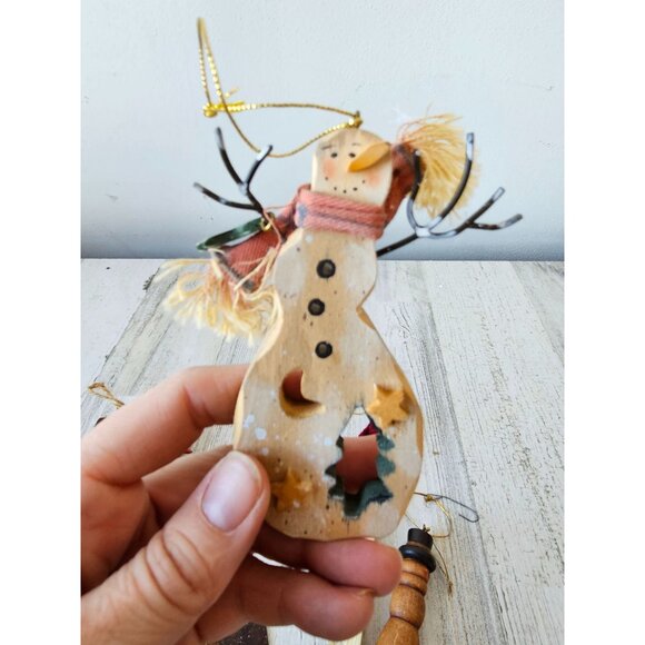 Snowman star wooden ornament set country folk art unique Xmas tree - Picture 7 of 10